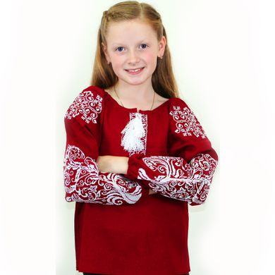 Детская вышитая блуза "Ольга" на бордовом льне с белой вышивкой, 122 (рост)