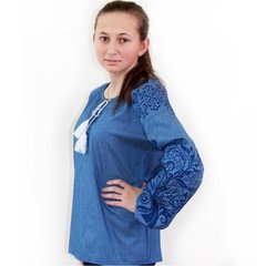Вышитая блуза "Ольга" (джинс) с синей вышивкой, S