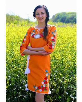 Женское вышитое платье "Марися" , Лен желтый, 40