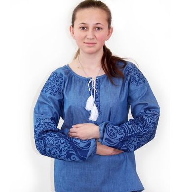 Вишита блуза "Ольга" (джинс) з синьою вишивкою, S