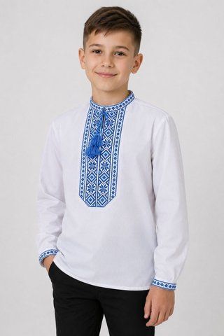 Підліткова вишиванка для хлопчиків "Козачок" з блакитною вишивкою, 140