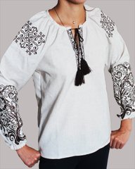 Детская вышитая блуза "Ольга" на сером льне с коричневой вышивкой, 122 (рост)