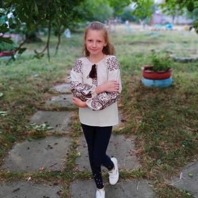 Детская вышитая блуза "Ольга" на сером льне с коричневой вышивкой, 122 (рост)