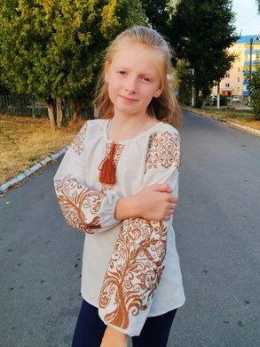 Детская вышитая блуза "Ольга" на сером льне со светло-коричневой вышивкой, 122 (рост)