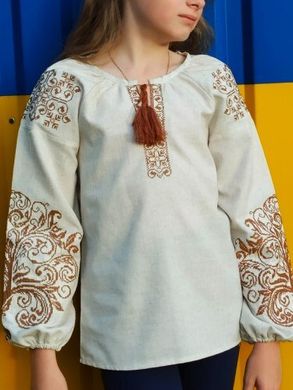 Детская вышитая блуза "Ольга" на сером льне со светло-коричневой вышивкой, 122 (рост)