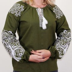 Вышитая блуза "Ольга" (зеленый лен) с белой вышивкой, S