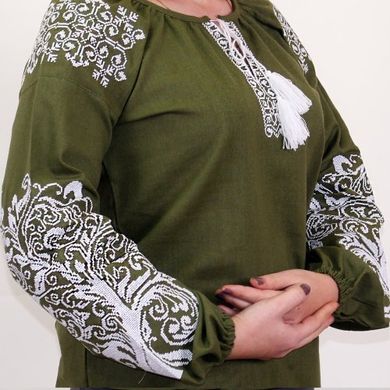 Вышитая блуза "Ольга" (зеленый лен) с белой вышивкой, S