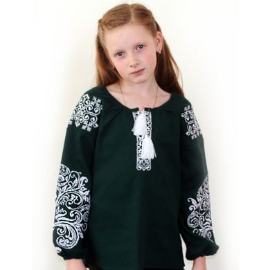 Детская вышитая блуза "Ольга" на зелёном льне с белой вышивкой, 122 (рост)