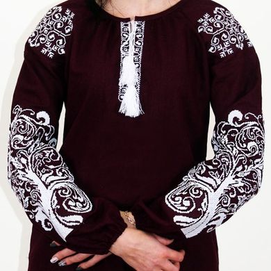 Вышитая блуза "Ольга" (бордовый лен) с белой вышивкой, S