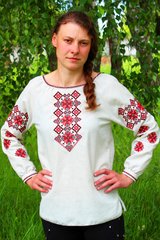 Женская вышитая блуза "Наталка", Лен белый, 46, Красный