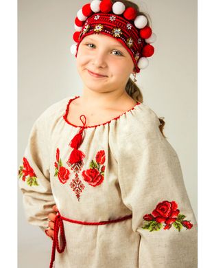 Детское вышитое платье "Зоряна" (Лен серый), 104 (рост)