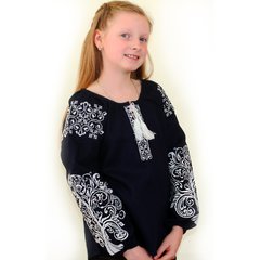 Детская вышитая блуза "Ольга" на тёмно-синем льне с белой вышивкой, 122 (рост)