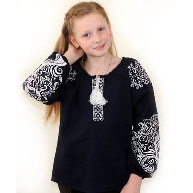 Детская вышитая блуза "Ольга" на тёмно-синем льне с белой вышивкой, 122 (рост)