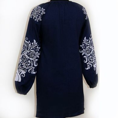 Вышитое платье "Ольга" (тёмно-синий лен) с белой вышивкой, S
